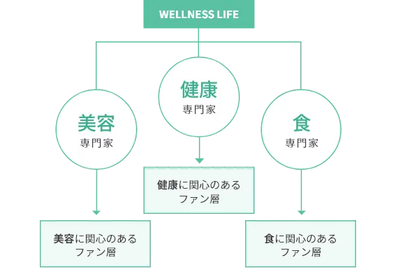 Wellness Lifeの専門家とファン層の関係図。美容、健康、食の専門家がそれぞれ対応するファン層とつながっている